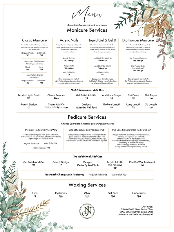 J'ADORE Nails Cherry Hill manicure pedicure waxing services menu