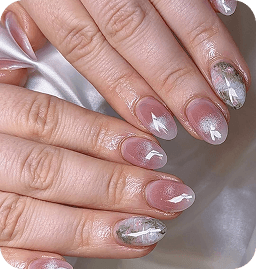 modern nail art designs with silver and white accents at Cherry Hill nail salon