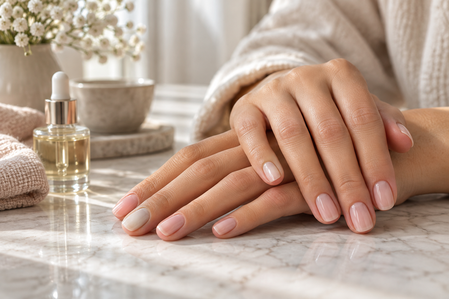 Glossy nude-pink gel manicure on short squoval nails resting on marble beside a bottle of cuticle oil